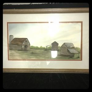 Vintage original watercolor rural scene barn shack